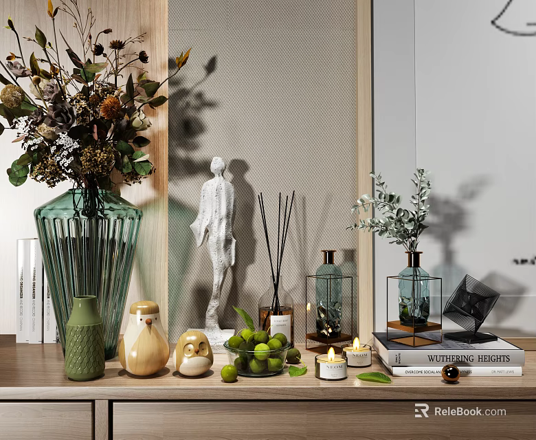 Elegant Decorative Ornament Set With Vase Sculpture Aromatic Diffuser Limes Candles And Green Plants 3d model 