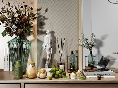 Elegant Decorative Ornament Set With Vase Sculpture Aromatic Diffuser Limes Candles And Green Plants 3d model