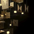 Modern Geometric Gold Layered Chandelier Design with Hanging Square Panels for Home Lighting