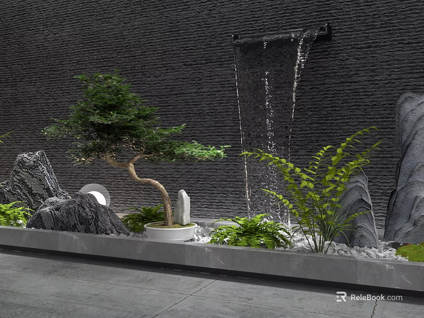 Garden Ornament Design Featuring Rockery Waterfall Bonsai Tree and Green Plants 3d model 