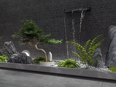 Garden Ornament Design Featuring Rockery Waterfall Bonsai Tree and Green Plants 3d model