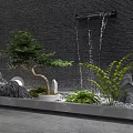 Garden Ornament Design Featuring Rockery Waterfall Bonsai Tree and Green Plants