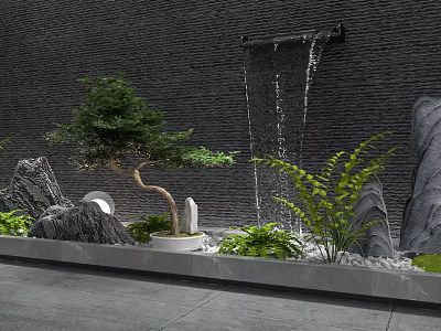 Garden Ornament Design Featuring Rockery Waterfall Bonsai Tree and Green Plants 3d model