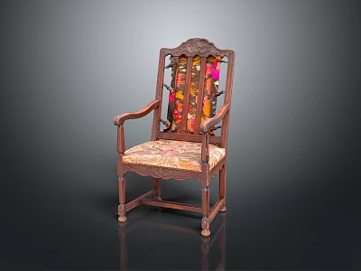 Chinese Style Single Chair With Intricate Carved Wooden Frame And Colorful Fabric Cushion 3d model