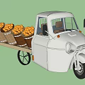 White Three Wheeler Tricycle Carrying Wooden Barrels Loaded With Fresh Oranges