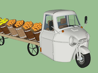 White Three Wheeler Tricycle Carrying Wooden Barrels Loaded With Fresh Oranges 3d model