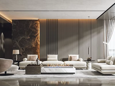 Modern Luxury Living Room Interior With White Sofa Marble Coffee Table And Wooden Wall 3d model