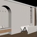 Modern Minimalist Room Interior With Arch Design Striped Wall Bed Storage And Lit Shelves