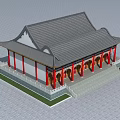Ancient Chinese Architecture With Red Pillars Gray Tiled Roof Overhanging Eaves And Colorful Decorations