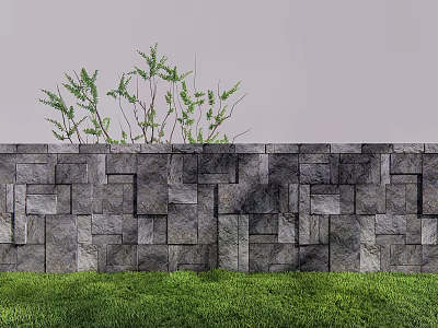 Natural Stone Feature Wall With Green Plants And Lush Green Grass 3d model