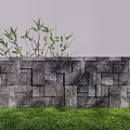 Natural Stone Feature Wall With Green Plants And Lush Green Grass