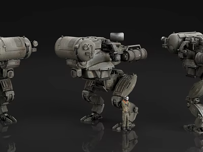 Game and Movie Character Mechanical Mech in Three Angles View With Small Figure Standing Beside 3d model