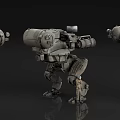 Game and Movie Character Mechanical Mech in Three Angles View With Small Figure Standing Beside