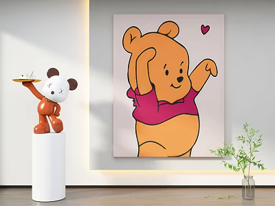 Cartoon Bear Wall Painting With Pink Shirt And Sculpture In Interior Decor 3d model