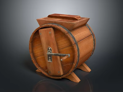 Wooden Barrel Shaped Storage Box With Lid And Lockable Door On Stands 3d model