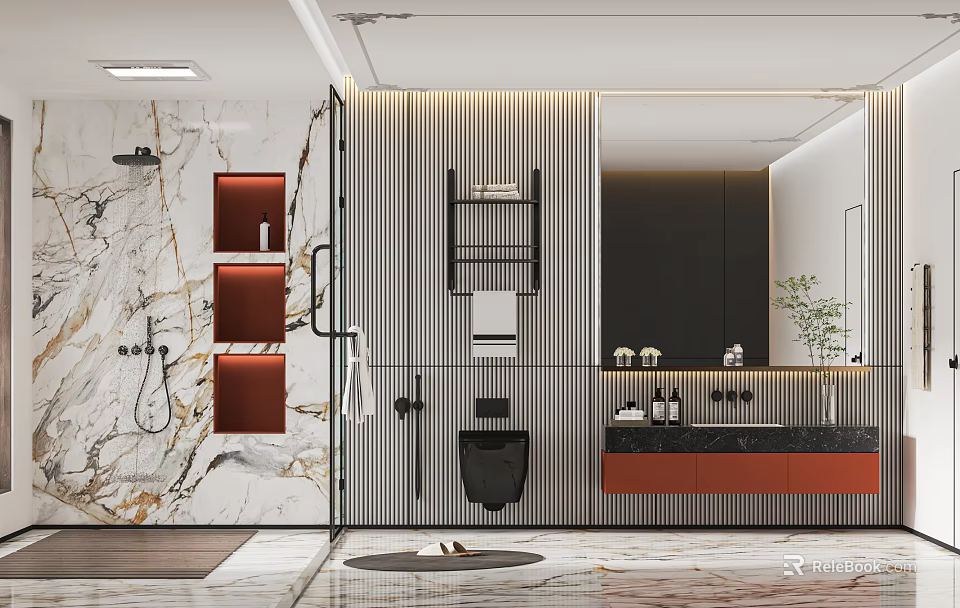 Modern Bathroom Interior With Marble Wall Glass Shower Metal Shelf And Wooden Vanity 3d model 