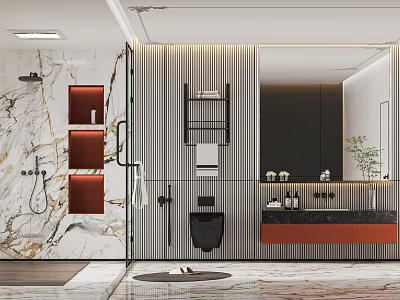 Modern Bathroom Interior With Marble Wall Glass Shower Metal Shelf And Wooden Vanity 3d model