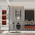 Modern Bathroom Interior With Marble Wall Glass Shower Metal Shelf And Wooden Vanity