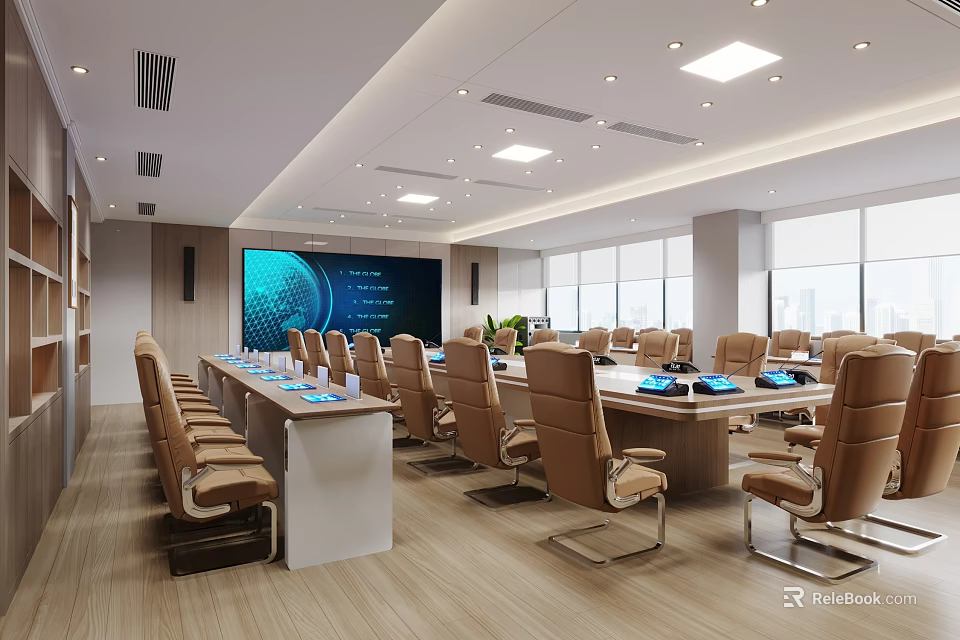 Modern Conference Room With Long Table Brown Chairs Large Screen And Windows 3d model 