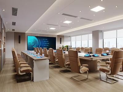 Modern Conference Room With Long Table Brown Chairs Large Screen And Windows 3d model