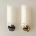 Two Modern Wall Lamps With White Cylindrical Shades And Black Gold Bases