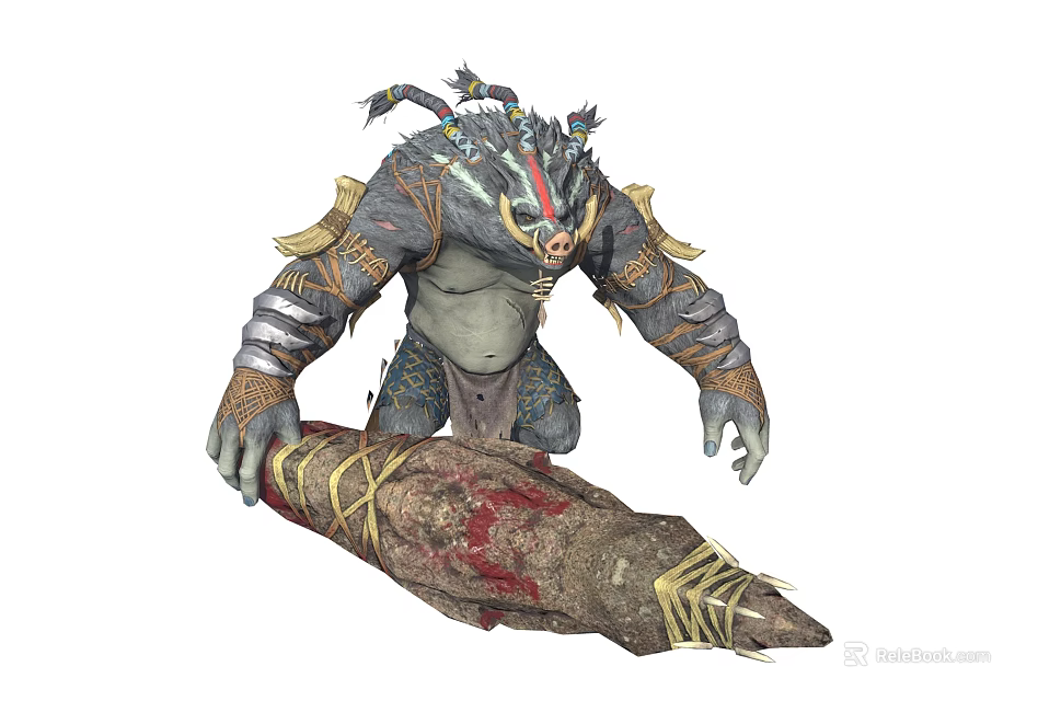 Mythical Horned Beast Warrior With Armored Body And Giant Spiked Weapon 3d model 