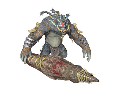 Mythical Horned Beast Warrior With Armored Body And Giant Spiked Weapon 3d model