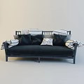 Dark Blue Two Seater Sofa With Striped Pillows And Blanket On Wooden Frame 3d model