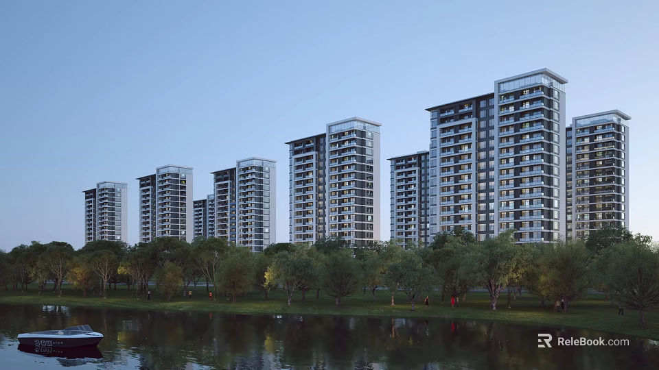 Modern High Rise Residential Buildings With Lakeside Green Trees And Waterfront View 3d model 