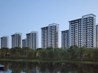 Modern High Rise Residential Buildings With Lakeside Green Trees And Waterfront View 3d model