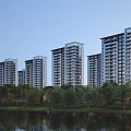 Modern High Rise Residential Buildings With Lakeside Green Trees And Waterfront View