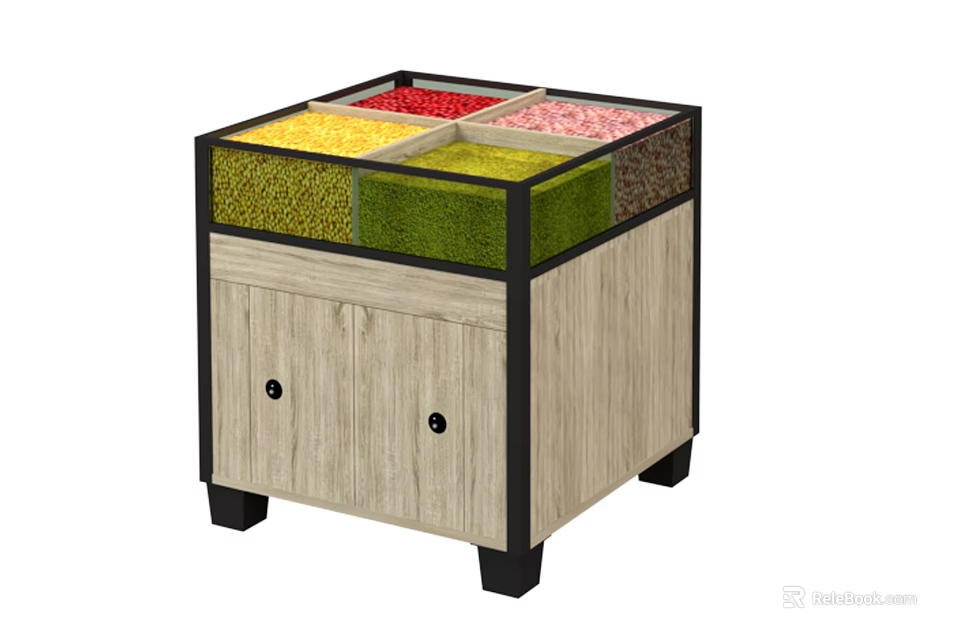 Display Cabinet Shelf With Glass Lid Multiple Compartments Colorful Dry Goods Wooden Base Black Frame 3d model 
