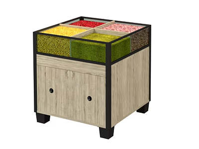 Display Cabinet Shelf With Glass Lid Multiple Compartments Colorful Dry Goods Wooden Base Black Frame 3d model