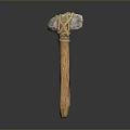 Ancient Stone Weapon Featuring Wooden Handle And Rope Wrapped Stone Head Design