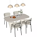 Modern White Oval Dining Table With Four Light Gray Chairs Three Pendant Lights and Greenery 3d model