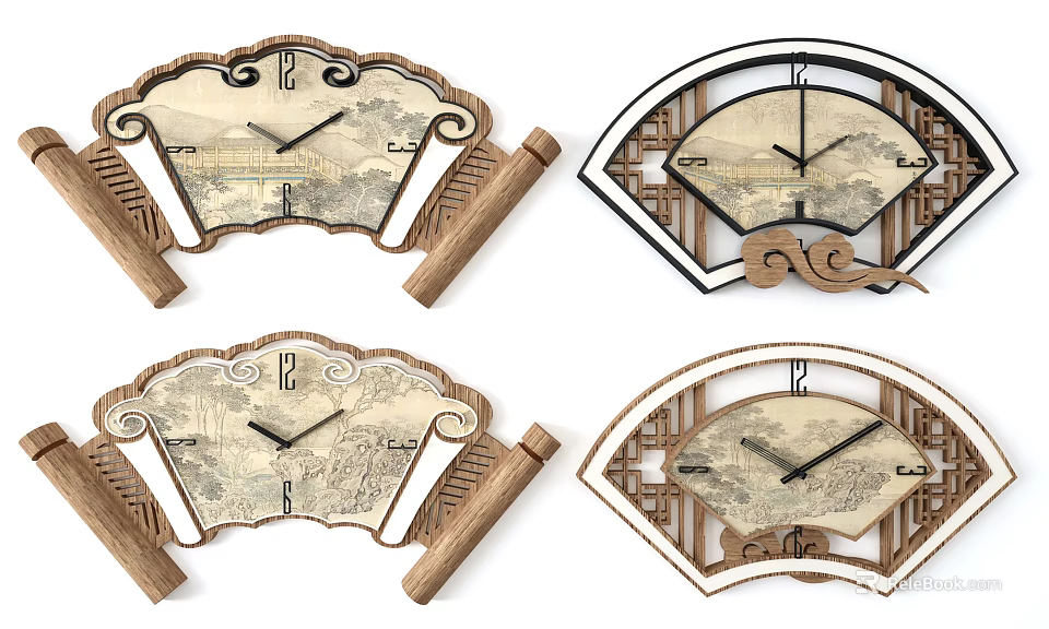 Traditional Chinese Fan Shaped Clocks With Landscape Paintings And Wooden Frames 3d model 