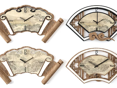 Traditional Chinese Fan Shaped Clocks With Landscape Paintings And Wooden Frames 3d model