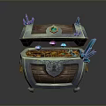 Vintage Open Jewelry Storage Chest With Gold Coins Gemstones And Crystal Details