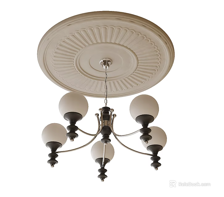 Classic Five Light Chandelier With White Globe Shades And Decorative Ceiling Medallion 3d model 