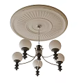 Classic Five Light Chandelier With White Globe Shades And Decorative Ceiling Medallion