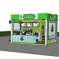 Green Bubble Tea Shop Stand With Sakura Trees And Urban City Skyline