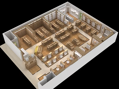Retail Store Interior Layout With Wooden Shelves Product Displays And Organized Display Areas 3d model