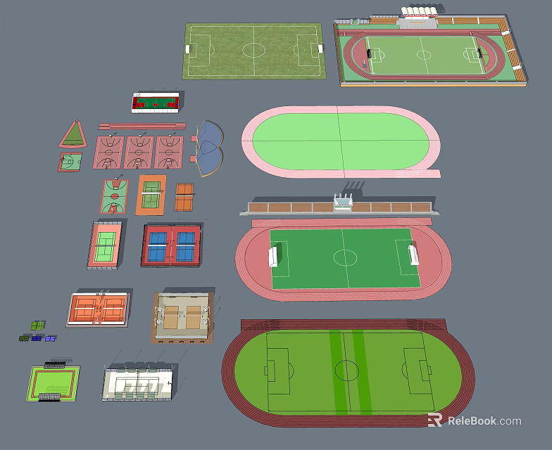 Sports Field Design Layouts Including Football Pitch Running Track And Basketball Court 3d model 