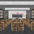 School Classroom with Spacious Interior Wooden Desks Chairs Blackboard Bright Lighting and Inspirational Slogan