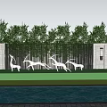 Garden Wall With Running Antelope Sculptures Side Lights Background Trees And Pool Reflection 3d model