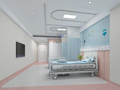 Bright Modern Hospital Room Interior With Mobile Bed TV Decorations And Potted Plants 3d model