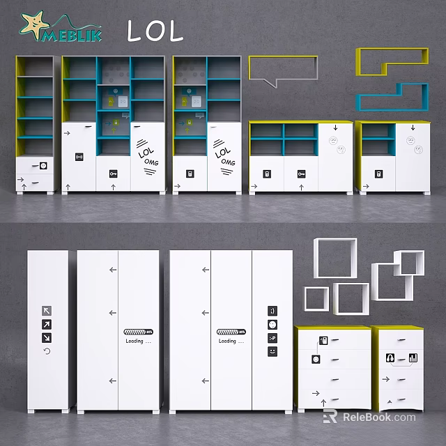 Modern White Blue Yellow Wardrobe Design With Drawers Shelves And Cabinet Doors 3d model 