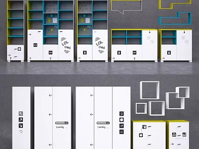 Modern White Blue Yellow Wardrobe Design With Drawers Shelves And Cabinet Doors 3d model