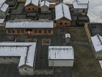 Aerial View Traditional Village Landscape With Snow Covered Roofs Brown White Houses Yards And Paths 3d model