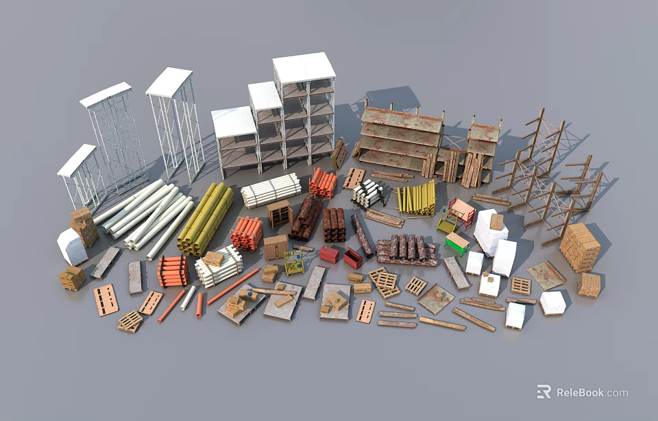 Industrial Equipment Components Including Metal Frames Storage Racks Pipes And Wooden Crates 3d model 